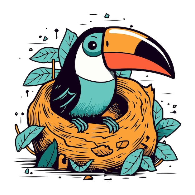 Cute cartoon toucan bird in the nest Vector illustration