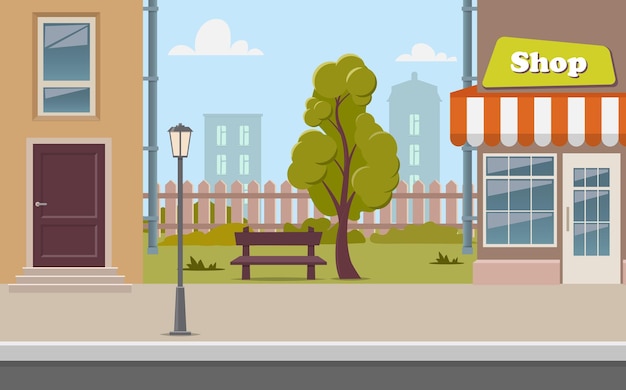 Vector cute cartoon town street with a shop tree bench fence street lamp