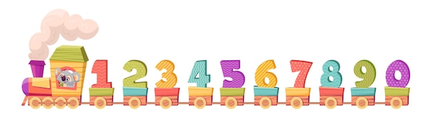 白い背景に1から0までの数字が描かれている絵の列車