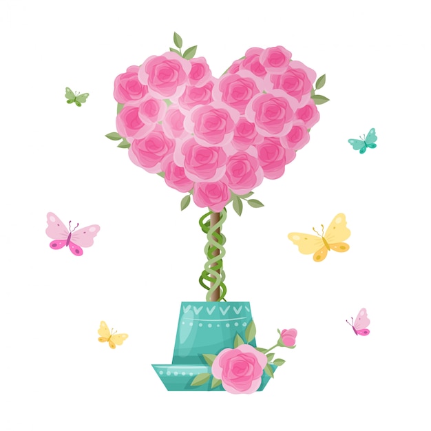 Cute cartoon tree topiary of rose flowers.  illustration