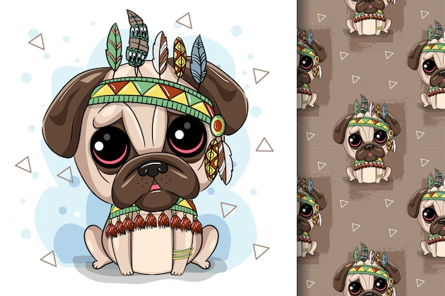 Cute cartoon tribal pug dog en met een veer