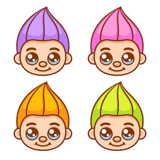 Cute cartoon troll heads with different color hair