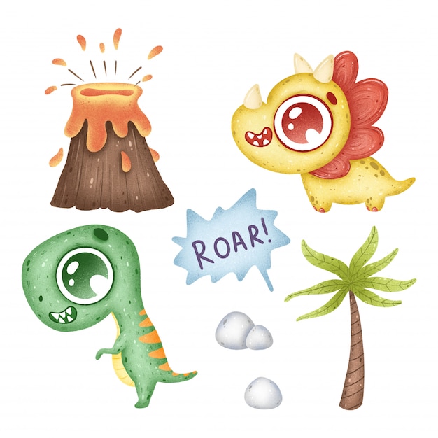 Cute cartoon tropical dinosaurs set on a white background