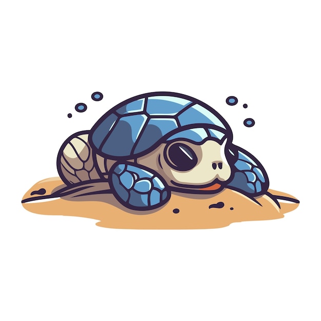 Cute cartoon turtle on the sand Vector illustration isolated on white background