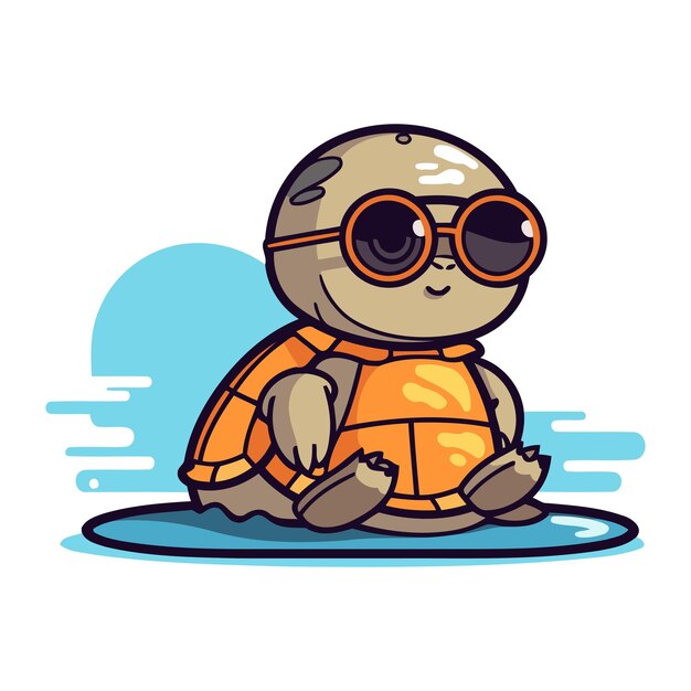 Cute cartoon turtle in sunglasses sitting on surfboard Vector illustration