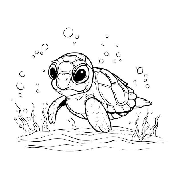 Вектор Симпатичная мультяшная черепаха, плавающая в море. раскраска для детей.