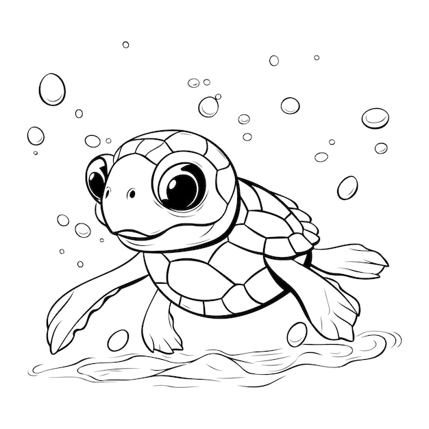 Vector cute cartoon turtle swimming in the water coloring book for children