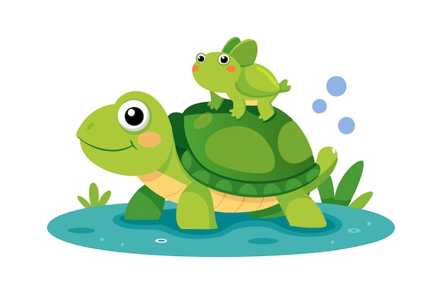 Vector cute cartoon turtle with frog on its back in a pond