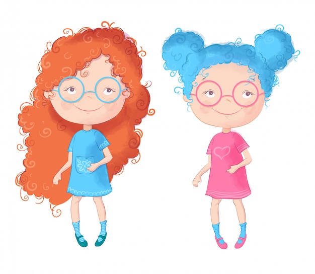 Vector cute cartoon two girls.