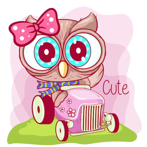 Vector cute cartoon uil gaat op een roze auto