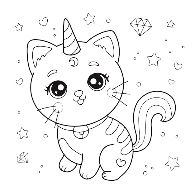 Vector cute cartoon unicorn cat coloring page