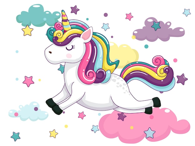 Simpatici personaggi dei cartoni animati di unicorno. stella e arcobaleno colorati. illustrazione di arte vettoriale con cartone animato animale felice