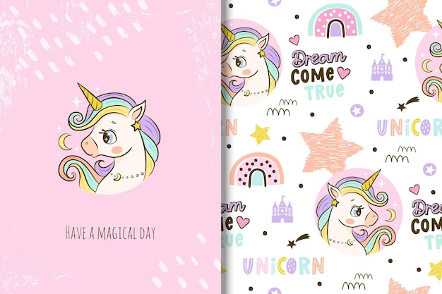 Scheda clipart unicorno simpatico cartone animato e motivo senza cuciture con stelle e arcobaleno per bambini