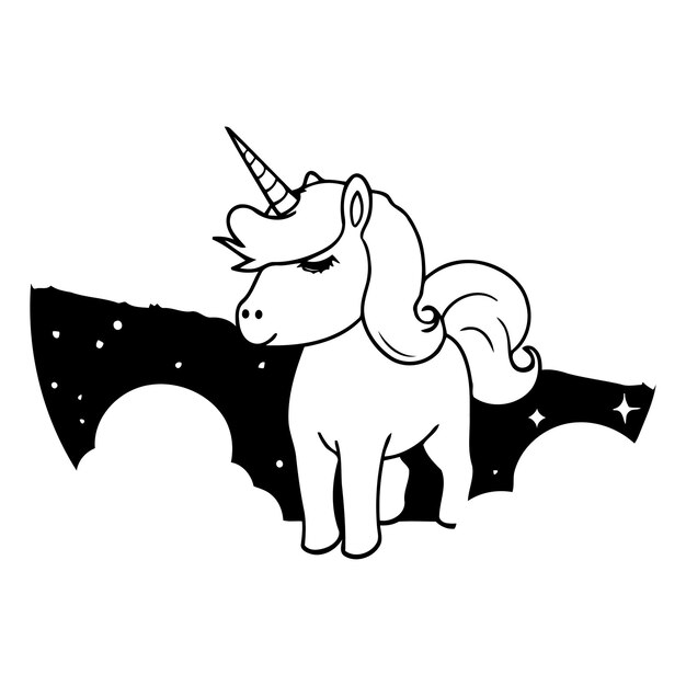 Vector cute cartoon unicorn on the cloud with stars