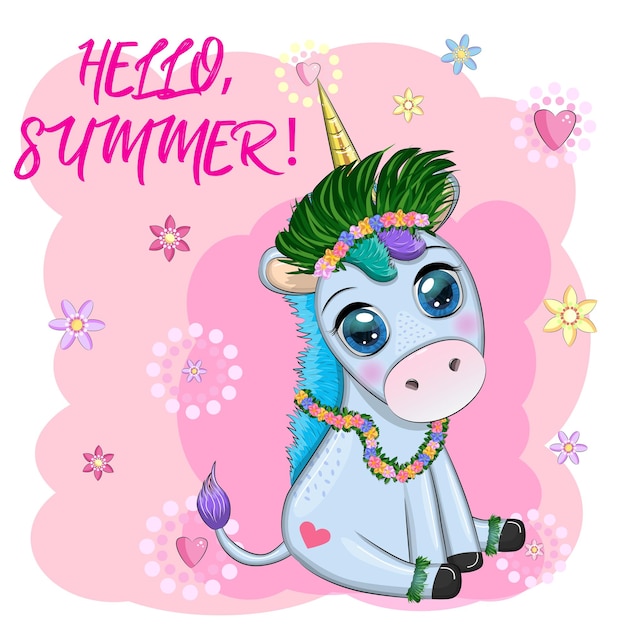 라 댄서 로 옷을 입은 귀여운 만화 유니콘 하와이 가기 준비 된 캐릭터 여름 바다  나무 해변