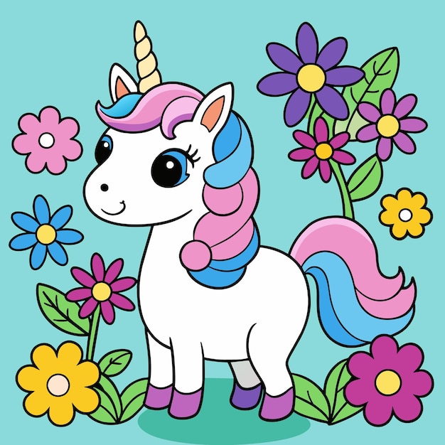 Cute Cartoon Unicorn on a flowers background