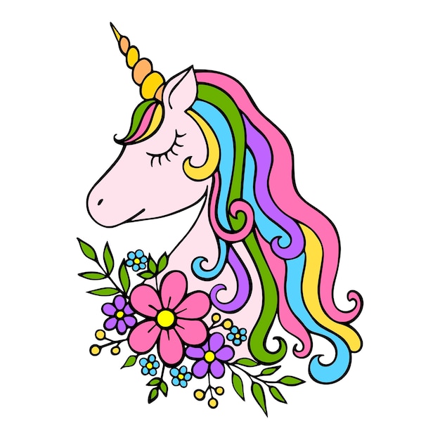 Vettore cute cartoon unicorn ragazza con fiori con una criniera multicolore