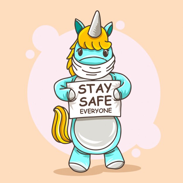 Vector cute cartoon unicorn hold stay safe sign hand drawn illustration