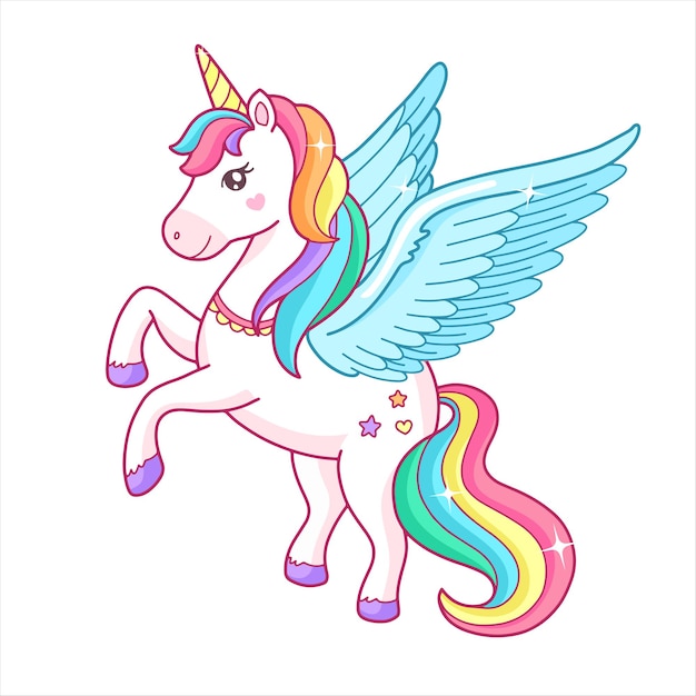 Vettore pegaso unicorno simpatico cartone animato con criniera arcobaleno