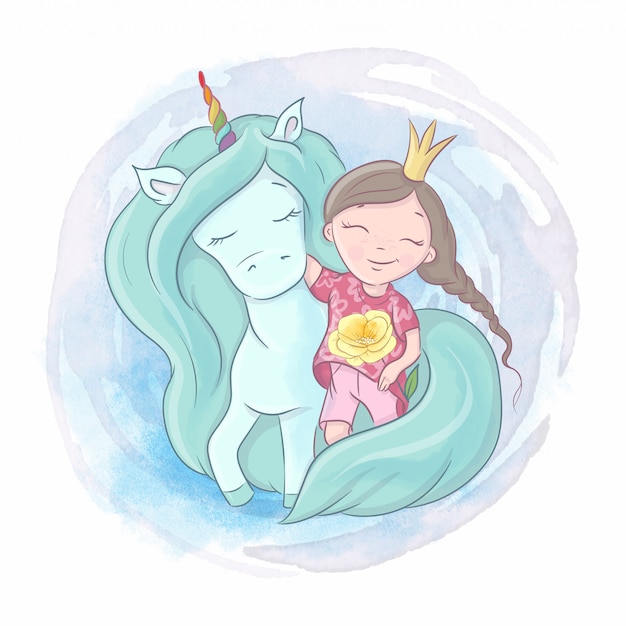 Cute cartoon unicorn and princess girl are best friends. Watercolor illustration