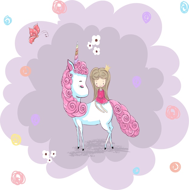 Cute cartoon unicorno e principessa disegnato a mano.