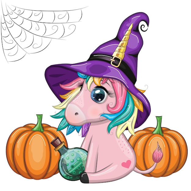 Cute cartoon unicorn in purple witch hat with pumpkins potion or broom Halloween holiday character