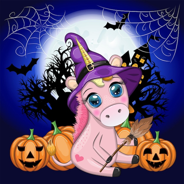 Cute cartoon unicorn in purple witch hat with pumpkins potion or broom Halloween holiday character