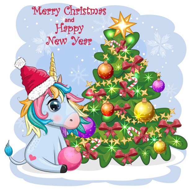 Cute cartoon unicorn in santa hat near christmas tree with gifts balls New Year and Christmas greeting card