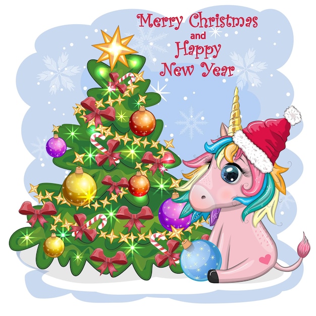 Cute cartoon unicorn in santa hat near christmas tree with gifts balls New Year and Christmas greeting card