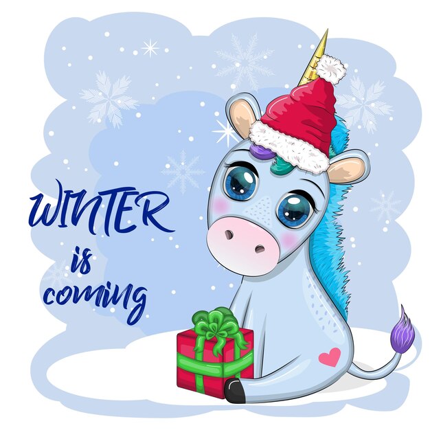 Cute cartoon unicorn in santa hat with gift christmas ball candy kane New Year and Christmas holiday