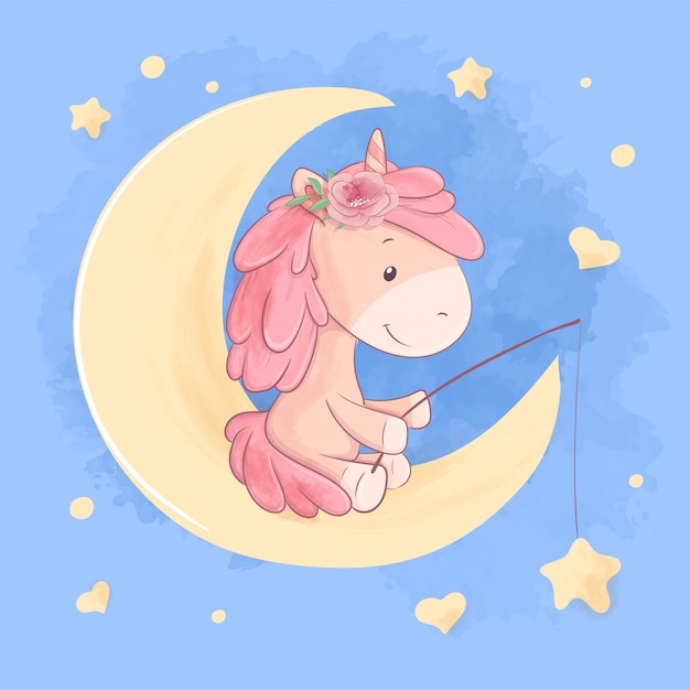 Cute cartoon unicorn sits on the moon and catches the stars illustration
