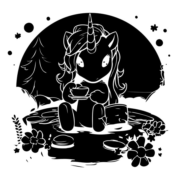 Vector cute cartoon unicorn sitting on the grass with cup of coffee