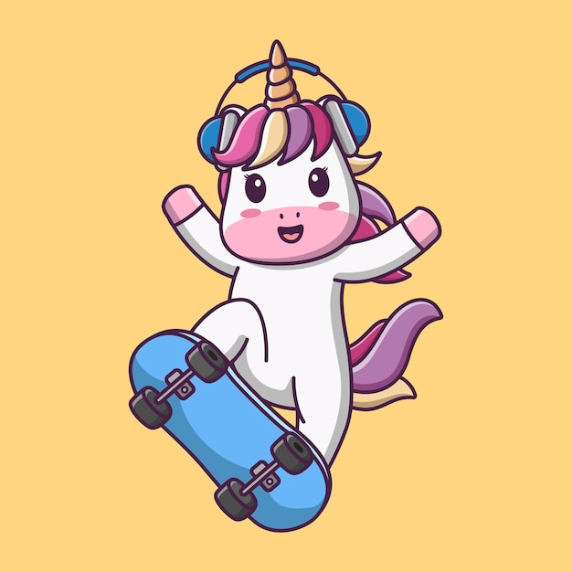 Cute cartoon unicorn on skateboard vector cartoon illustration cartoon clipart