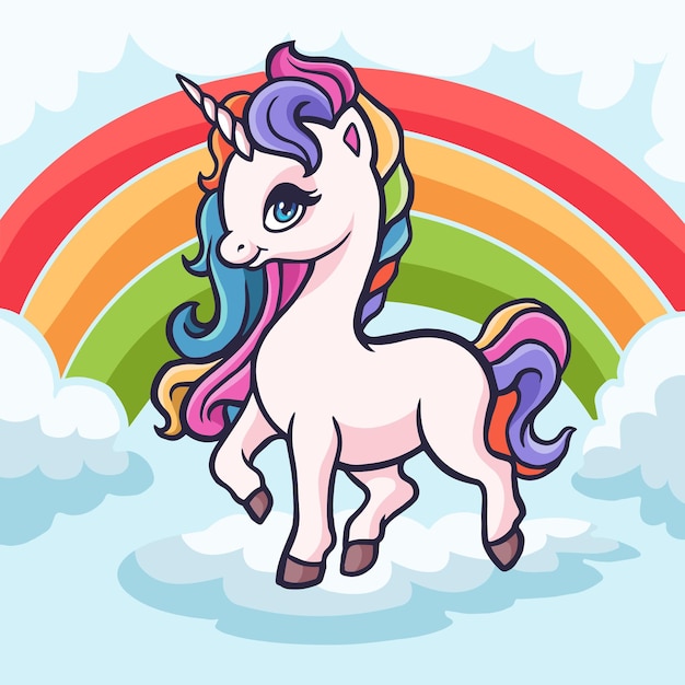 Cute cartoon unicorn standing among the rainbows Vector illustration