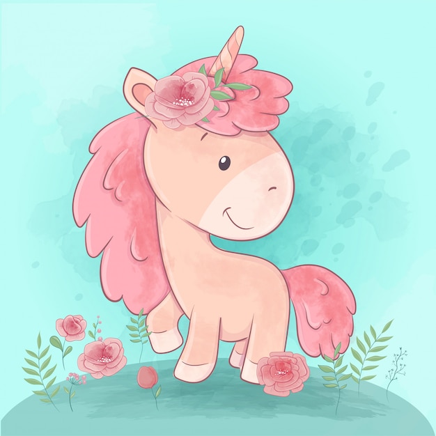 Vector a cute cartoon unicorn stands in a clearing with flowers.