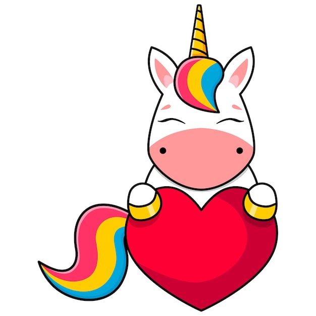 Adesivo unicorno simpatico cartone animato l'unicorno tiene in mano un cuore rosso illustrazione vettoriale del bambino