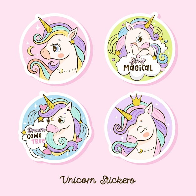 Vector cute cartoon unicorn stickers collection