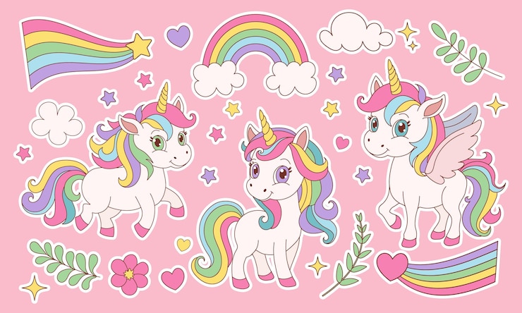 Vector cute cartoon unicorn stickers set magical decor delight