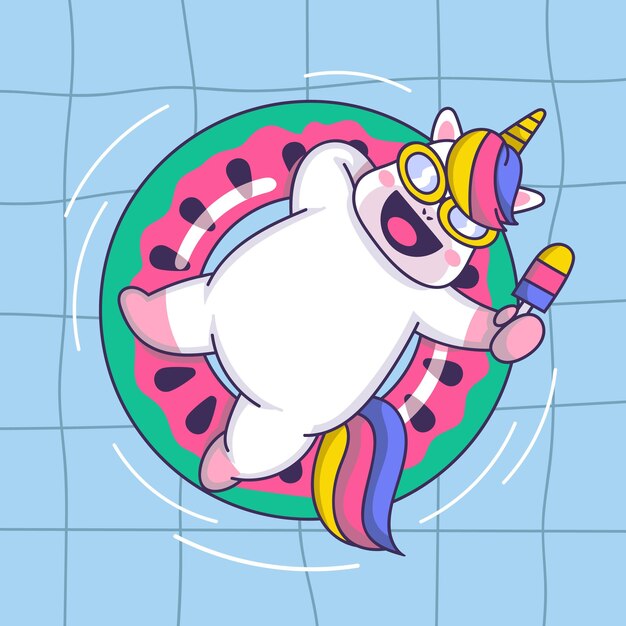 Vettore unicorno simpatico cartone animato su un anello di nuoto illustrazione vettoriale per il tuo design