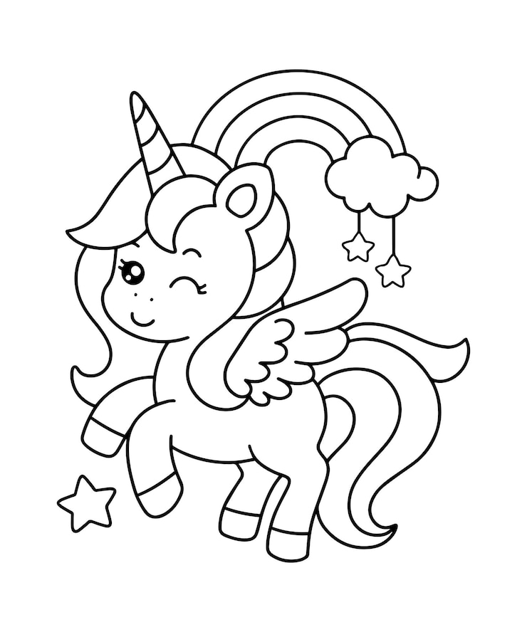 Vector cute cartoon unicorn with beautuful rainbow coloring page illustration