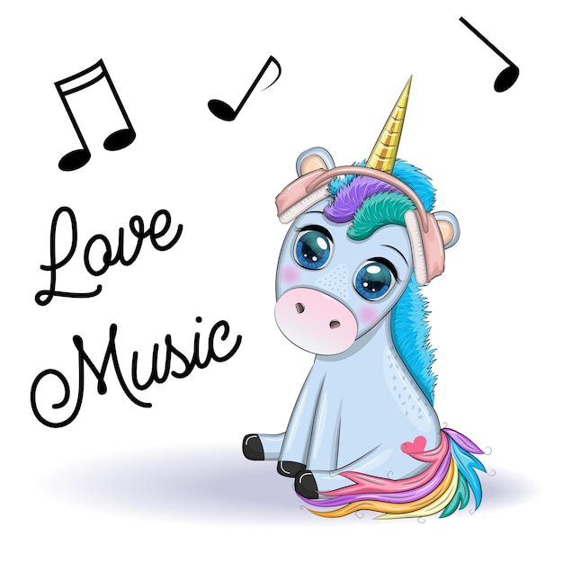 Cute Cartoon Unicorn with headphones on a blue background