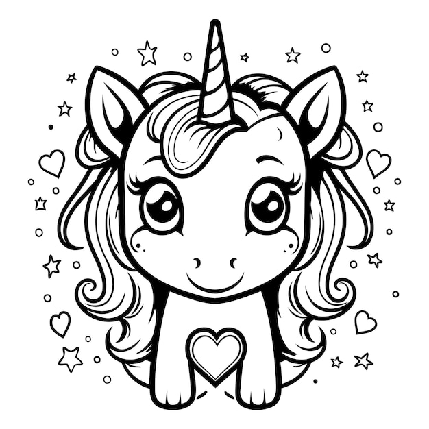 Cute cartoon unicorn with heart Vector illustration for coloring book