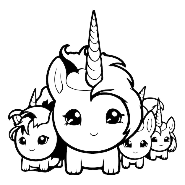 Unicorno cartoon carino con piccoli amici illustrazione vettoriale isolata su sfondo bianco