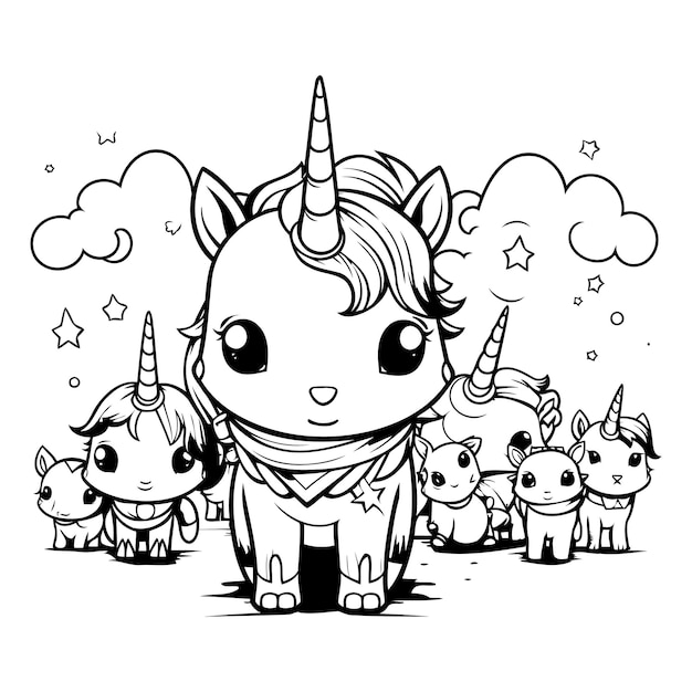 Cute cartoon unicorn with magic wand and little unicorns Vector illustration