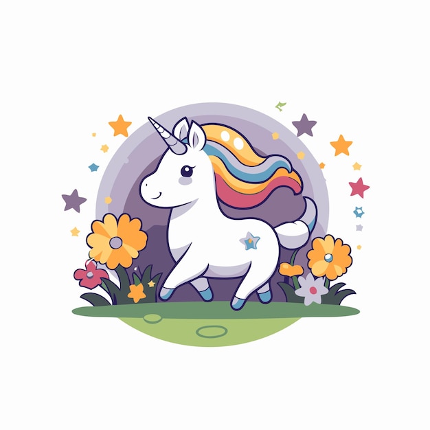 Cute cartoon unicorn with rainbow hair and flowers Vector illustration