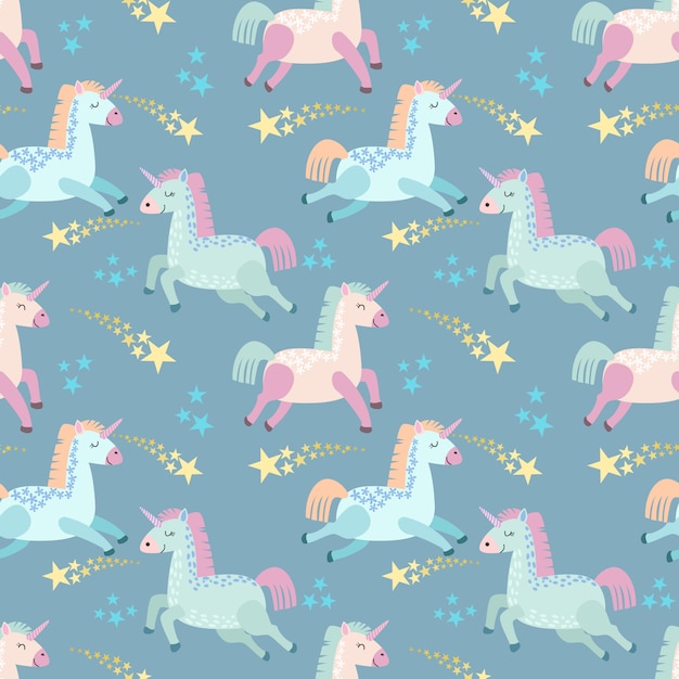 Cute cartoon unicorn with star seamless pattern.