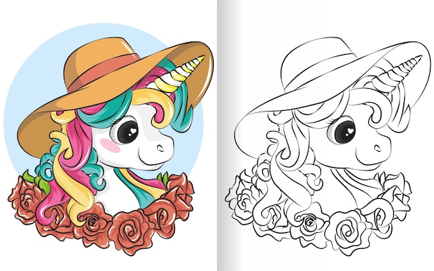 Cute cartoon unicorn with summer hat. Black and white coloring book