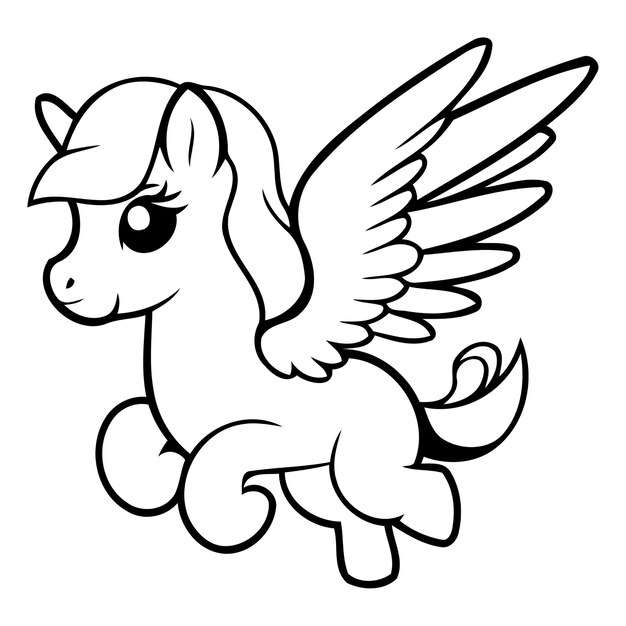Vector cute cartoon unicorn with wings flying on cloud vector illustration