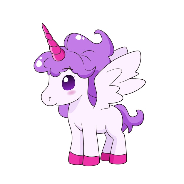 Vector cute cartoon unicorn with wings and horn isolated vector illustration with magic animal