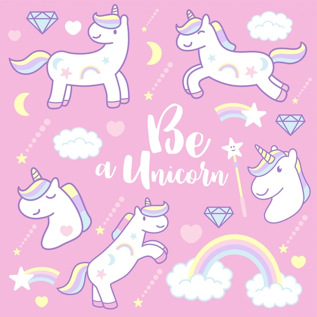 Cute cartoon unicorns, vector illustration